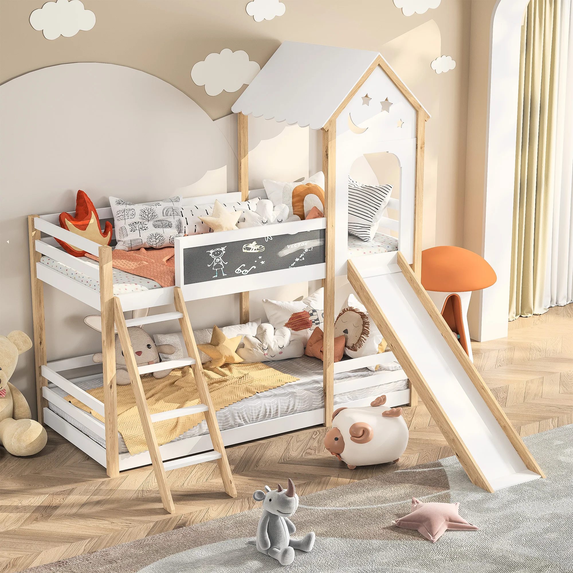 90x200cm Doppelbett mit Treppe und Rutsche, Bett mit Zaun, Bett mit Kinder tafel, umwelt freundliches Massivholz