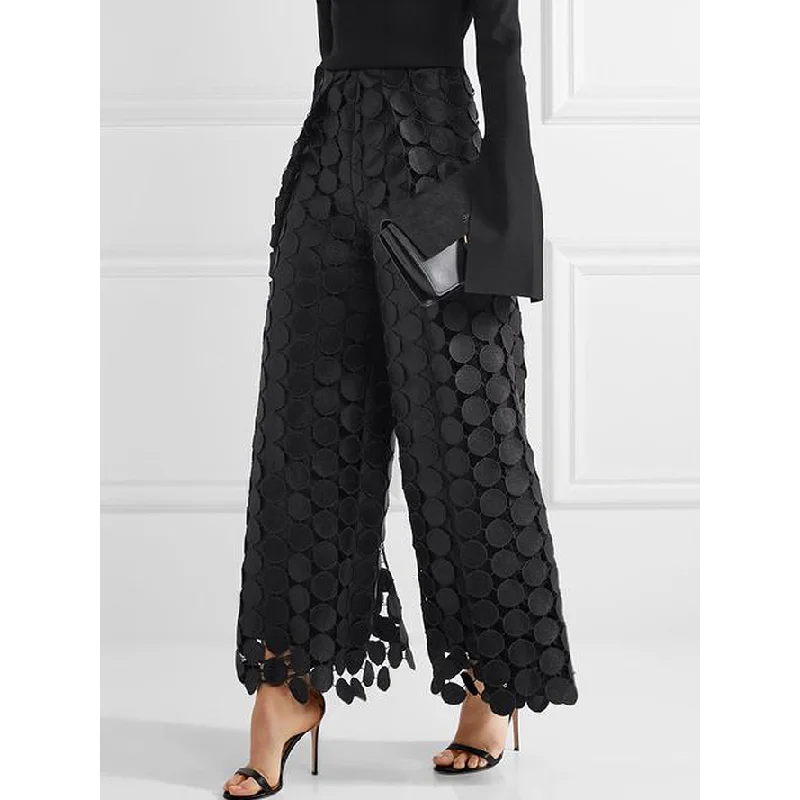 Krisnanas Traf High Waisted Wide Leg Hollow Polka Dot Solid Color Pants Trousers for Stylish Selection Leisure Fashion