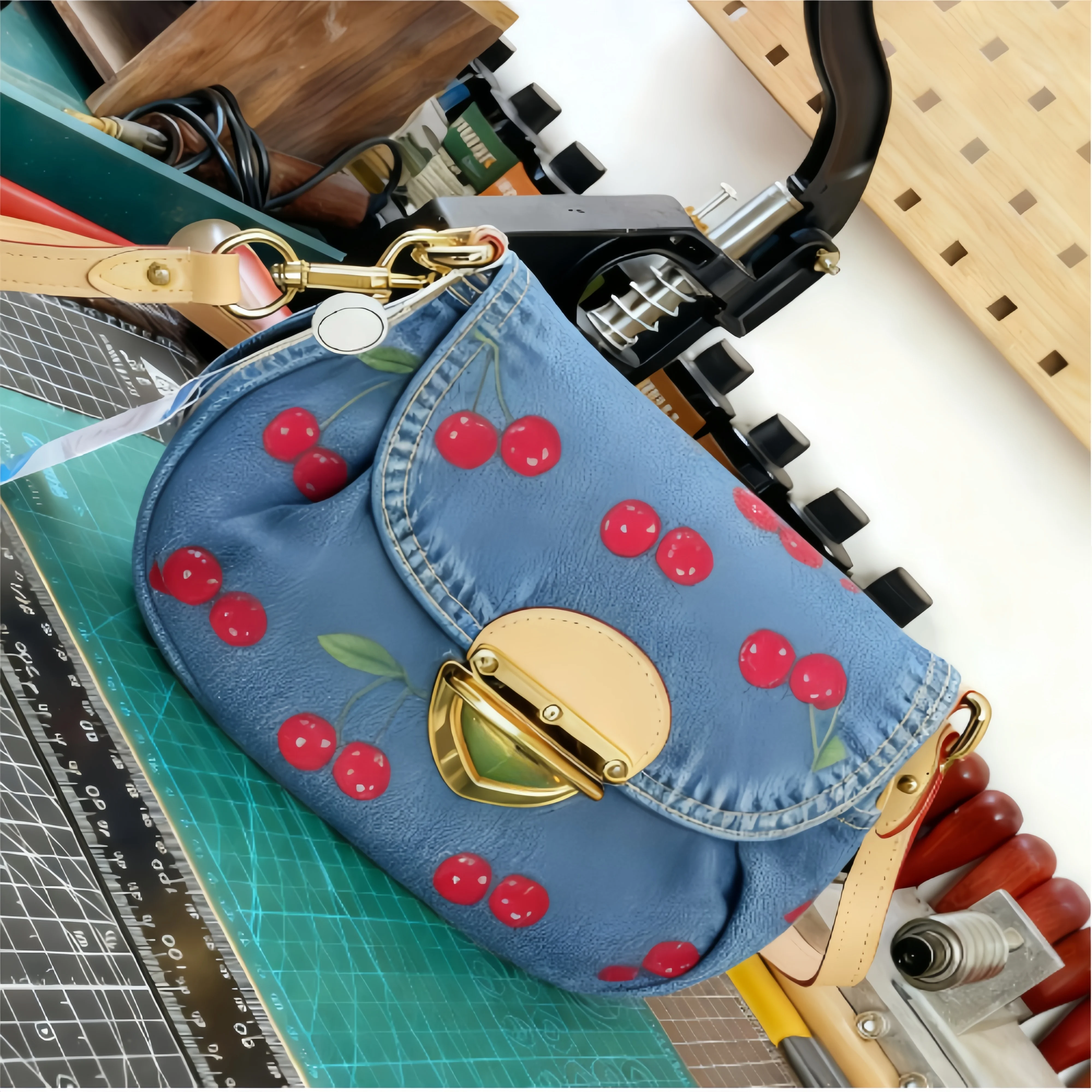 

2025 Latest Explosive Cherry Embroidery Pattern Handbag Messenger Bag Shoulder Bag Ladies Backpack Natural Real Leather