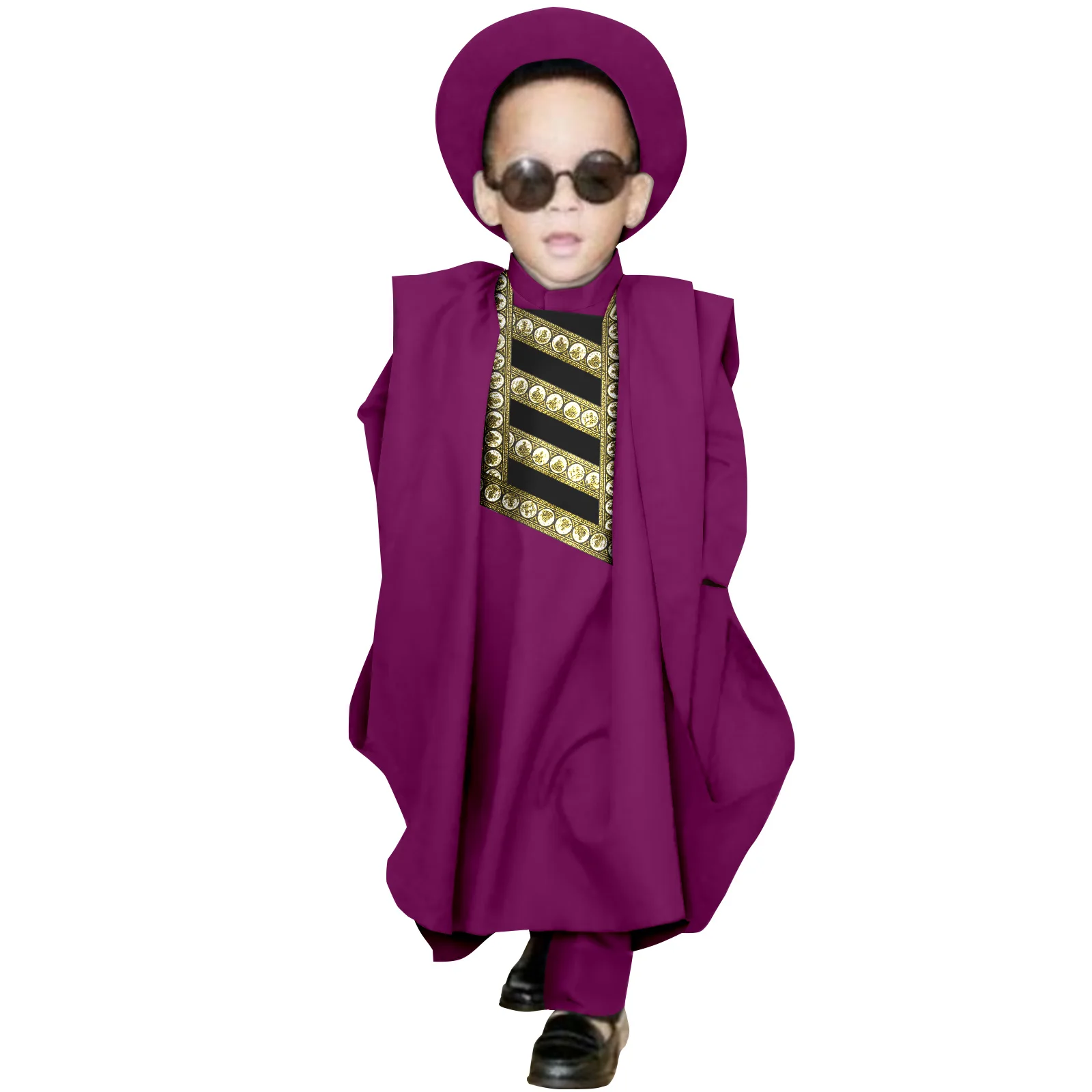 African Boys Outfits Appliques 4 Pieces Vest Shirt Pants Match Hat Agbada African Style Clothing for Kids Children Y224025
