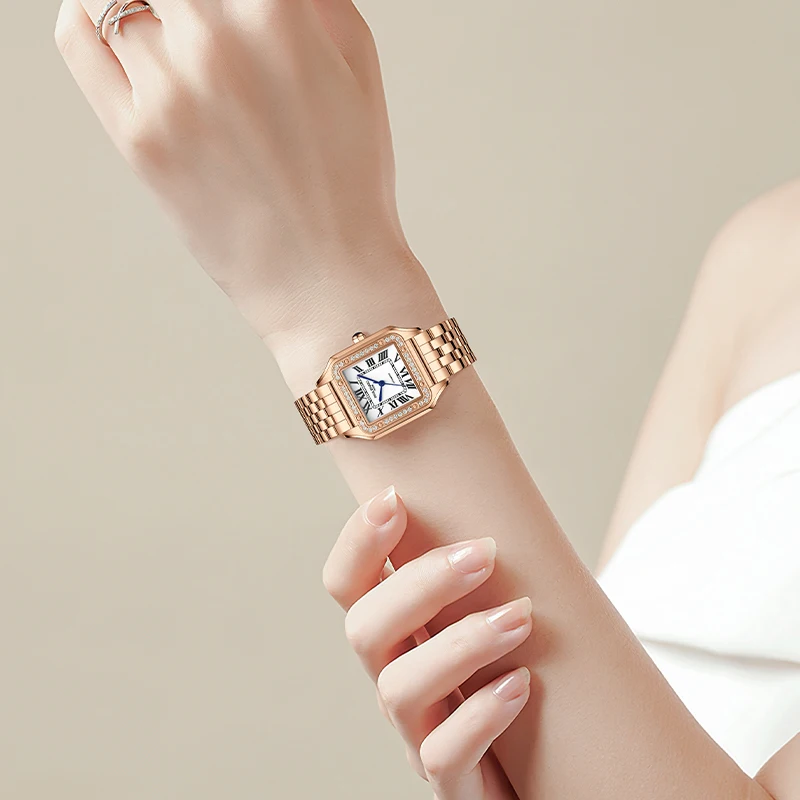 ROLENDO Light Luxury Gold Square Watch 33mm Diamond Sapphire Crystal Women's Auto Mechanical Roman Scale Waterproof Watch Gift