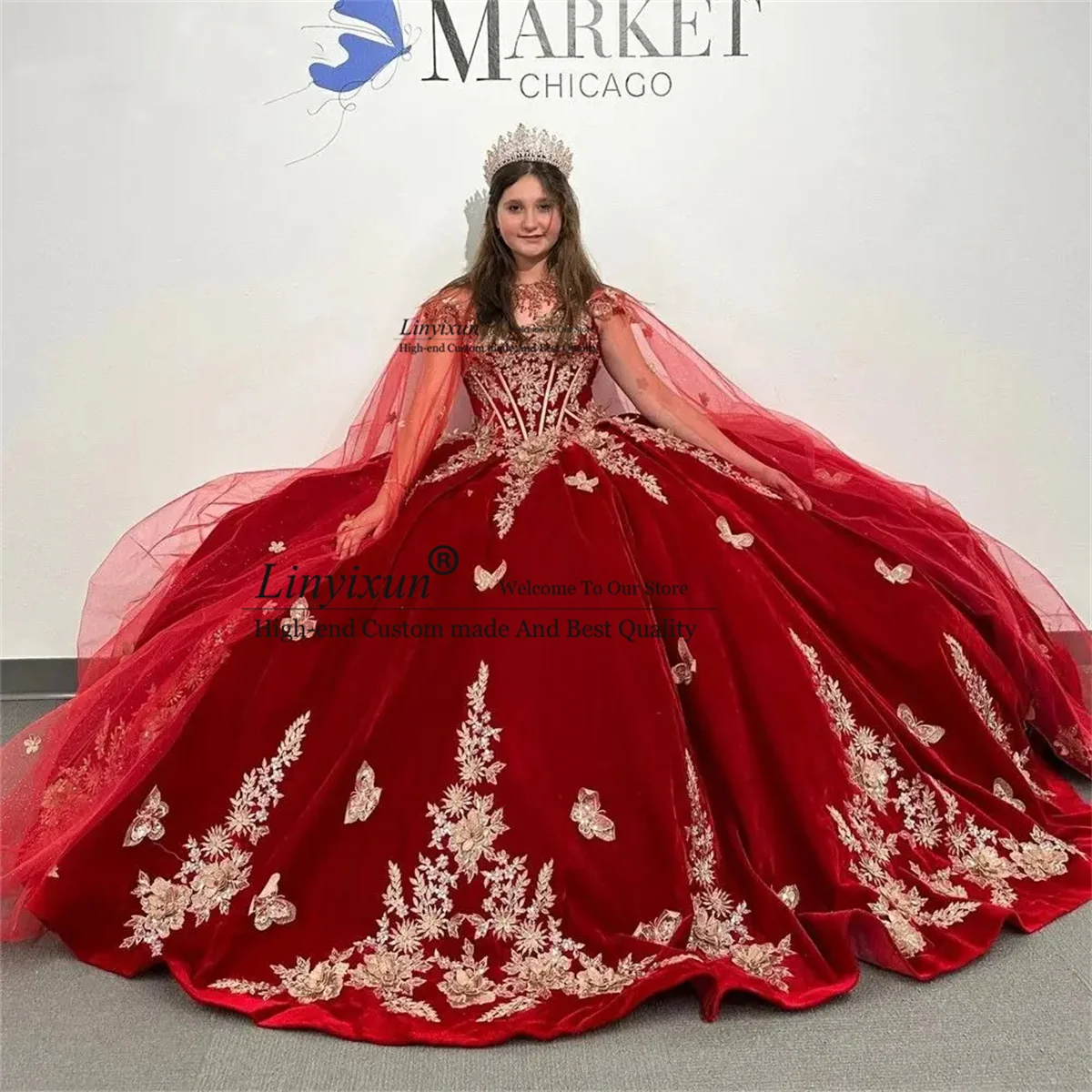 Red Velvet Quinceanera Dress With Wraps Gold Lace Appliques Sweet 16 15 Dress Ruffles Lace Up Sweep Train Vestidos De Anos