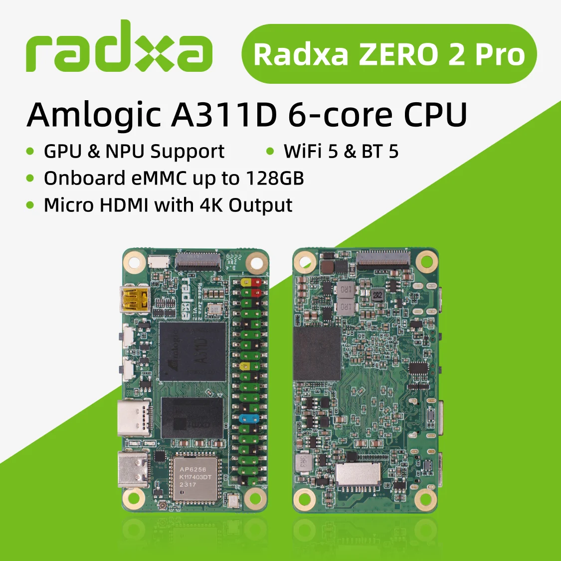 Radxa ZERO 2 Pro Amlogic A311D 6-core CPU SBC, GPU, NPU, WiFi 5 & BT 5 and Onboard eMMC, Single Board Computer