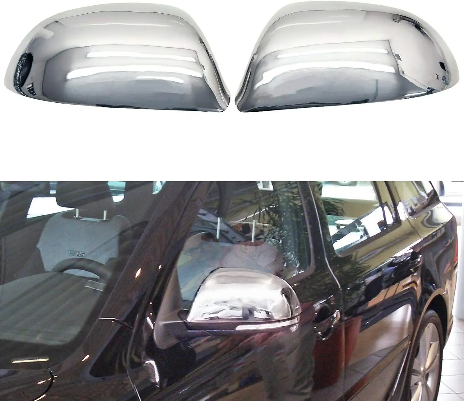 Mirror covers for SKODA SUPERB II + OCTAVIA II | 2009-2013 (Facelift), stainless steel, exterior mirror caps, chrome mirror covers, side trims, 2 pieces, easy installation