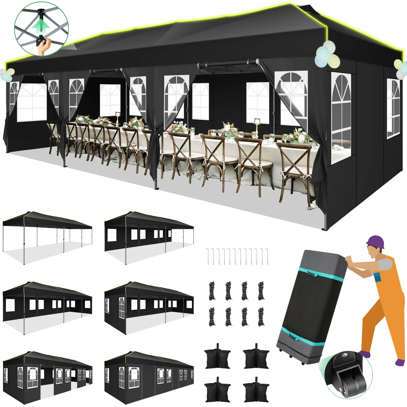 

Всплывающая палатка с навесом 10x30 футов, беседка для вечеринок с 8 боковыми стенками, одна установка, 3 регулируемых по высоте вентиляционное отверстие, сумка с песком, веревка