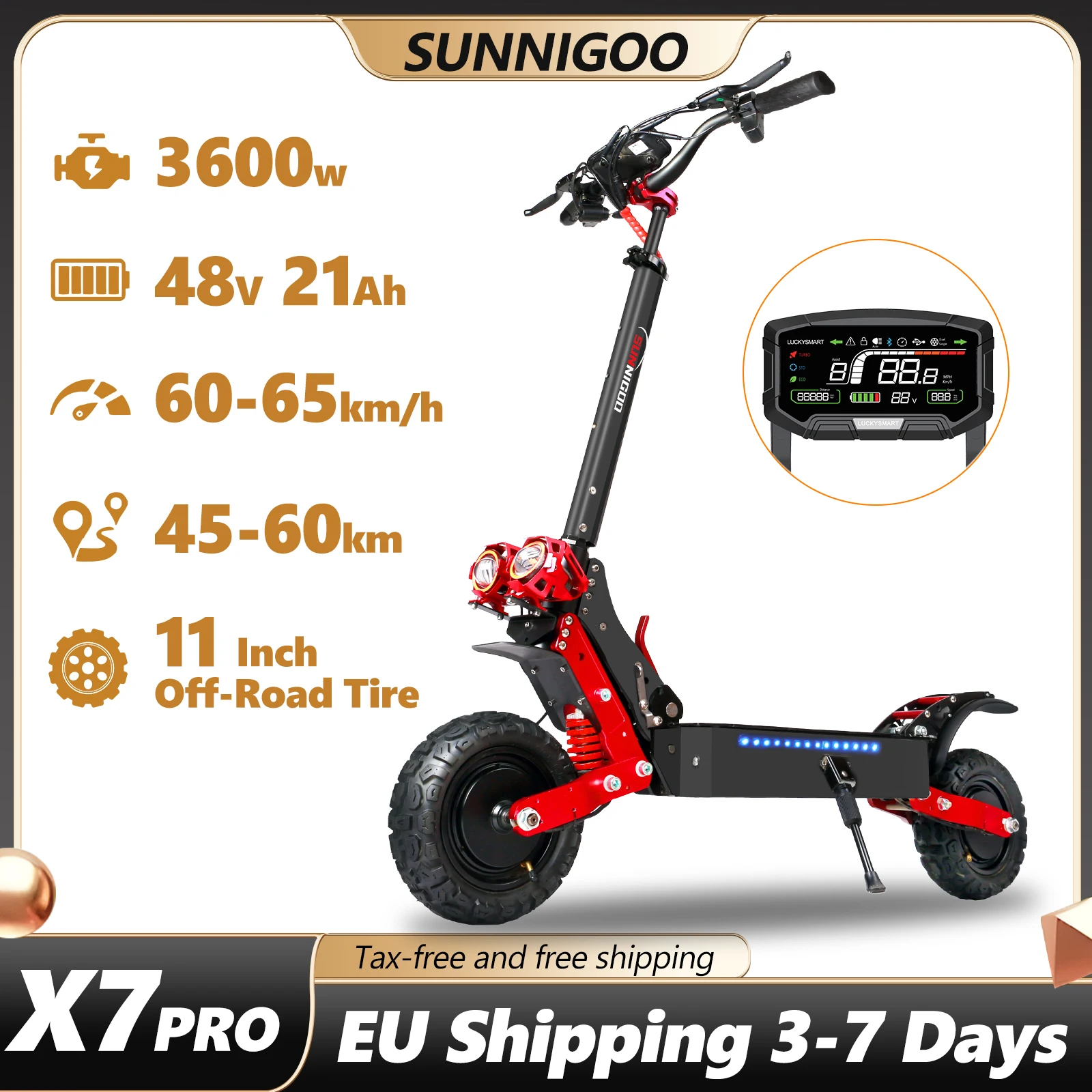 SUNNIGOO X7 E-Scooter 3600W Peak Power 48V21Ah Battery NFC Large Screen Display Electric Scooter 11 inch Tire Scooters Electric