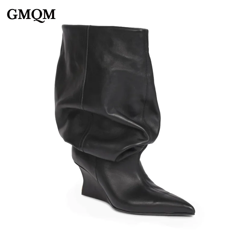 

GMQM 2025 Fashion Simple Winter Party Lady's Boots High Heel Long Boots Pointed Toe Sleeve Solid Color Slope Heel Stacked Boots