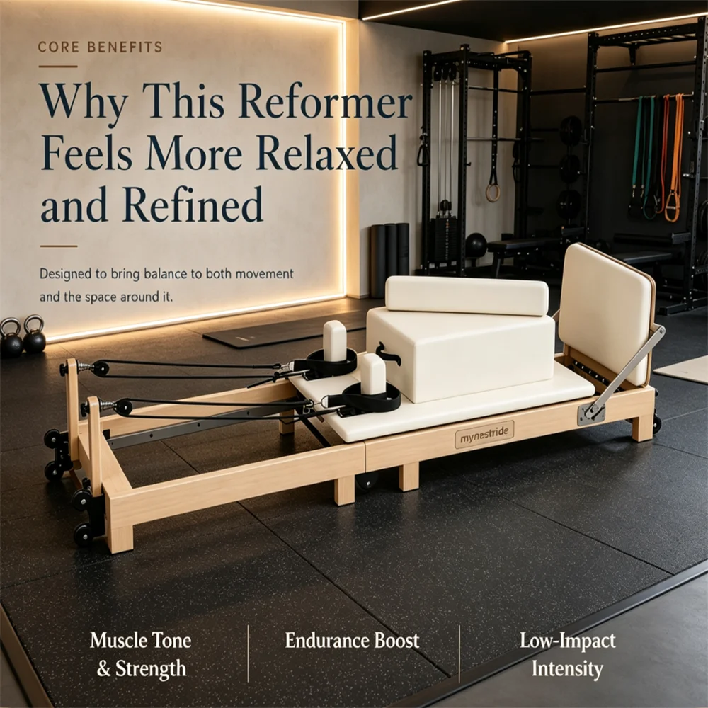 Reformer de Pilates en bois d'érable – Pliable, multifonctionnel et peu encombrant (emballage en caisse en bois) ; Équipement de Pilates adapté à la maison et à la salle de sport.