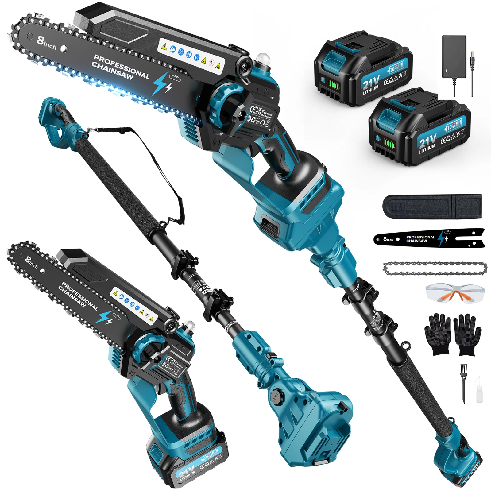 Tronçonneuse Télescopique 2-en-1 Mini 8 Pouces, 1200W Sans Balais avec 2 Batteries, Réservoir d'Huile 50ml, Portée de Travail 4M