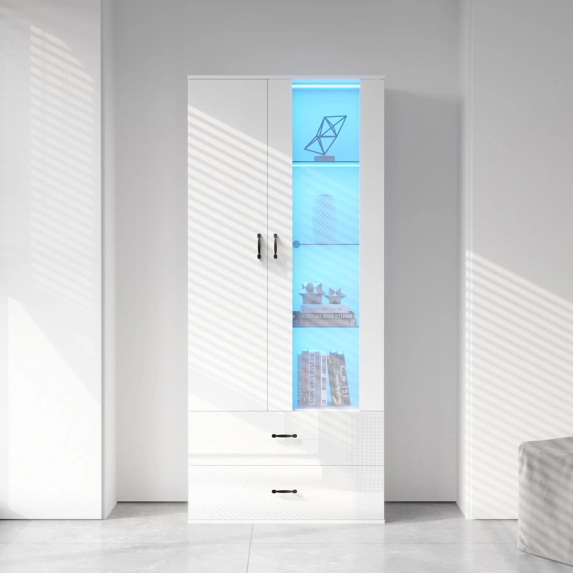 Vitrine LED blanche sur pied, 2 portes vitrées, meuble LED autoportant pour salon et salle à manger