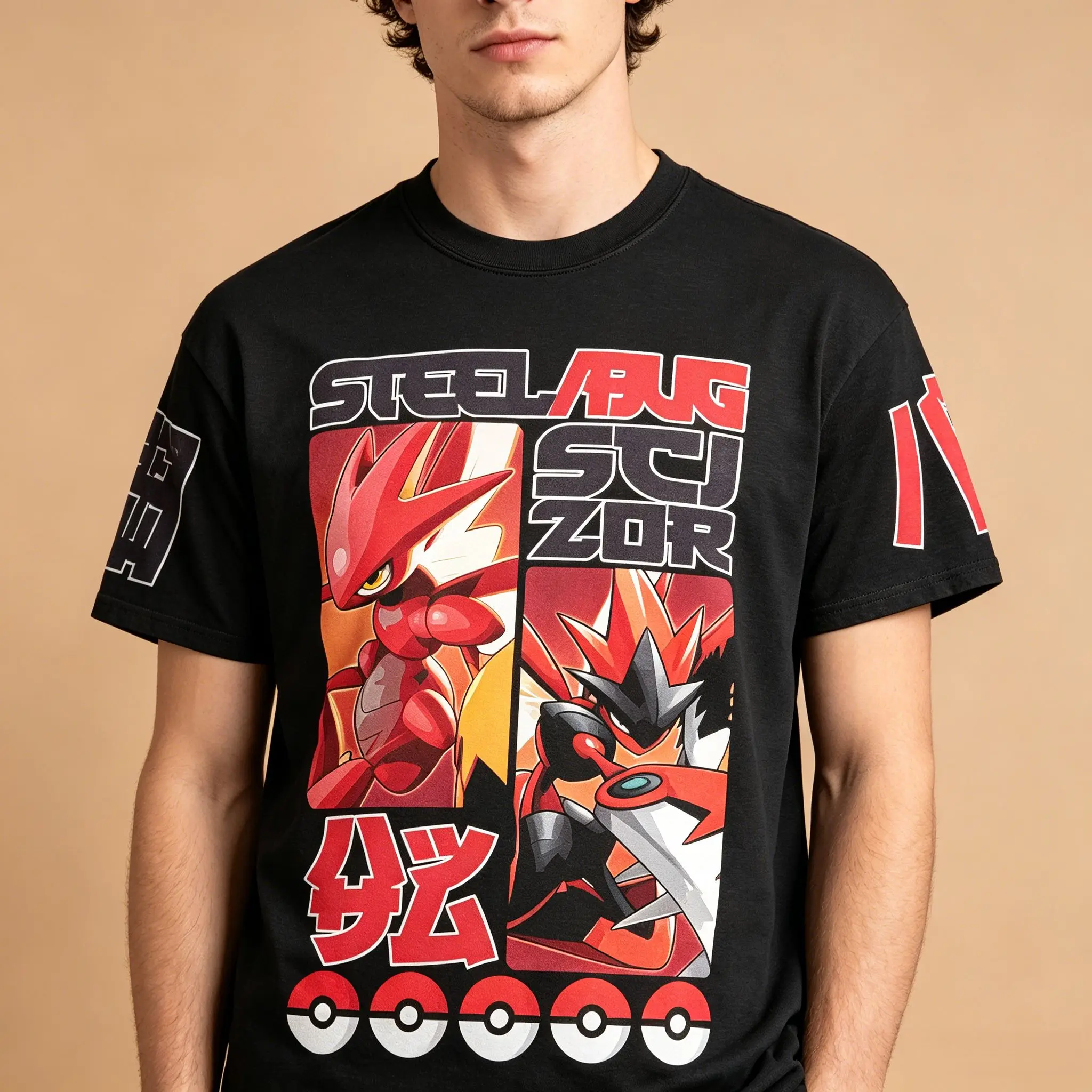 Men's Vintage Grid Anime T-Shirt, Pokemon Scizor Steel Bug Type Manga Panel Poster Print Black Casual Short Sleeve Top view 5