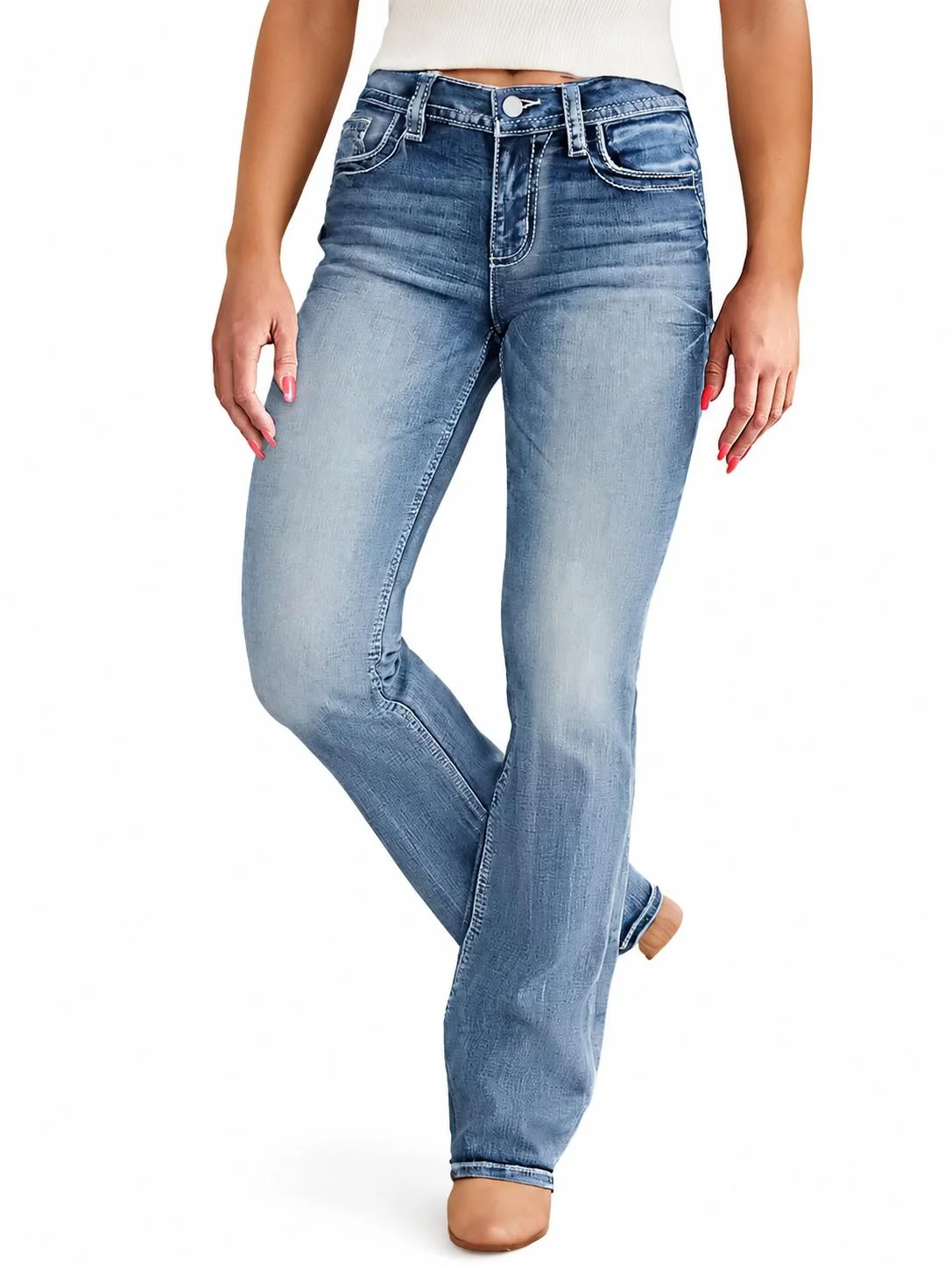 Women's Mid-Waist Slim-Fitting Bootcut Jeans - Stretchy Light-Colored Basic Casual Retro Bottoms with Buttons, Flare Hem for Fig