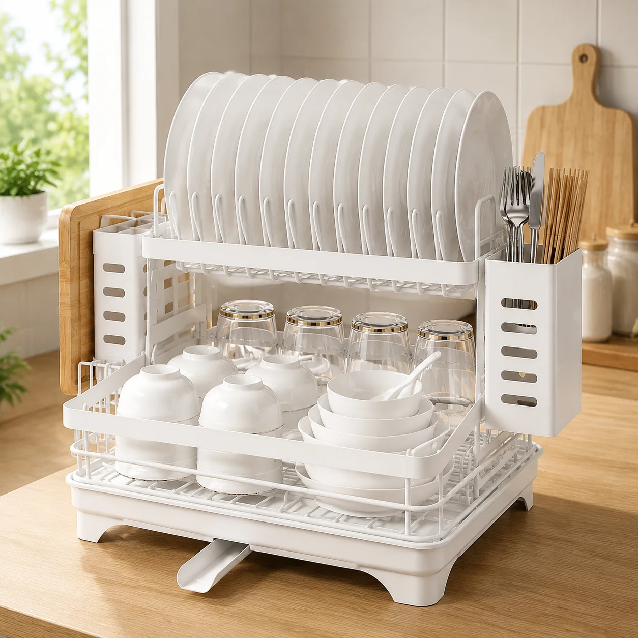 Single-Tier Kitchen Shelf With Slotted Surface And Removable Chopstick Holder Organizes Bowls, Plates, And Utensils In One Place