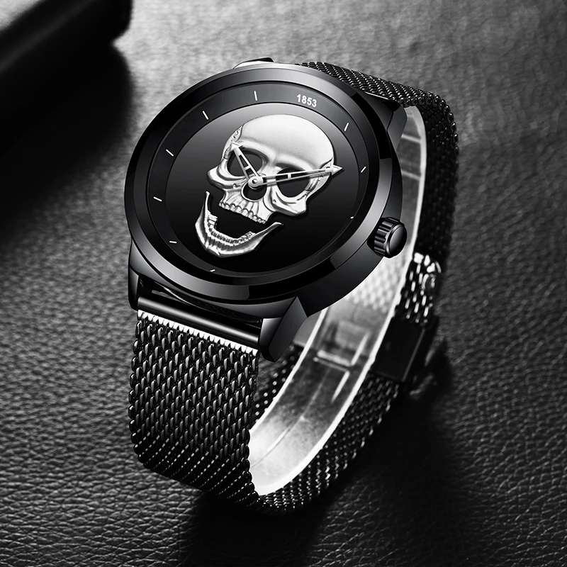 LIGE Skull Style Men Watch Fashion Mesh Belt Luminous Quartz Watches Military Waterproof Skeleton Wristwatch relogio masculino