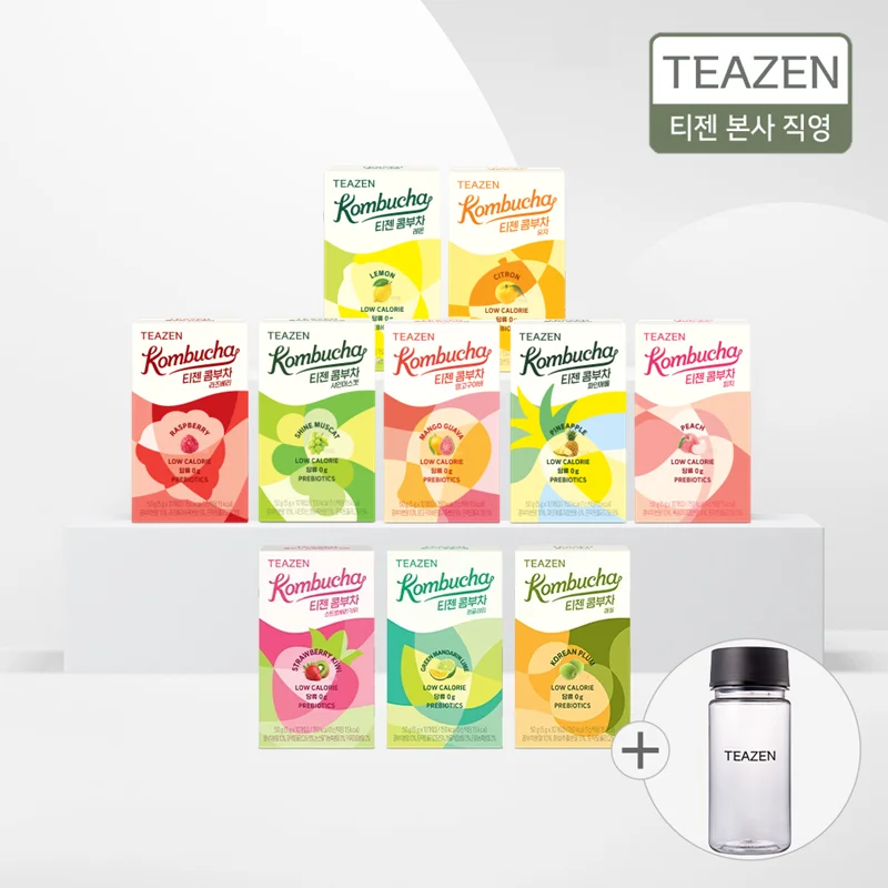 Teazen Kombucha 10-piece set + bottle gift (lemon/raspberry/citron/peach/pineapple/shine muscat/mango guava/plum/green lime/strawberry kiwi)