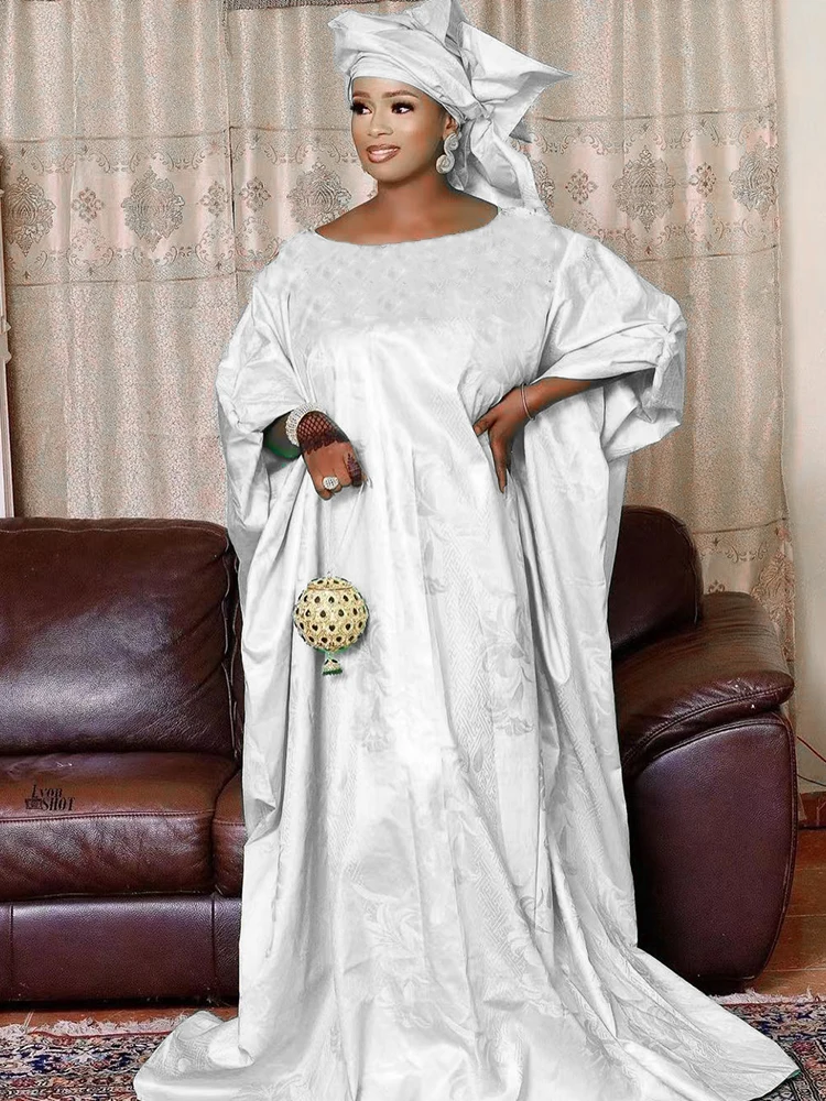 Bazin Riche-Robe Longue avec Écharpe pour Femme Africaine, Tenue de Mariage Originale de Qualité Supérieure, Nigeria 03