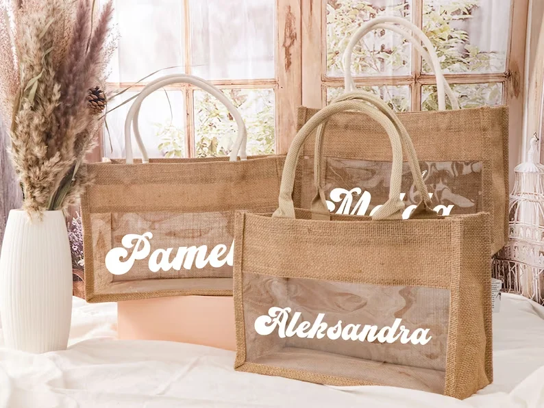 Personalized Burlap Gift Bags Custom Burlap Bag Tote Gift Bridesmaid Proposal Gift Custom Jute Tote Bags Beach Bachelorette Bag