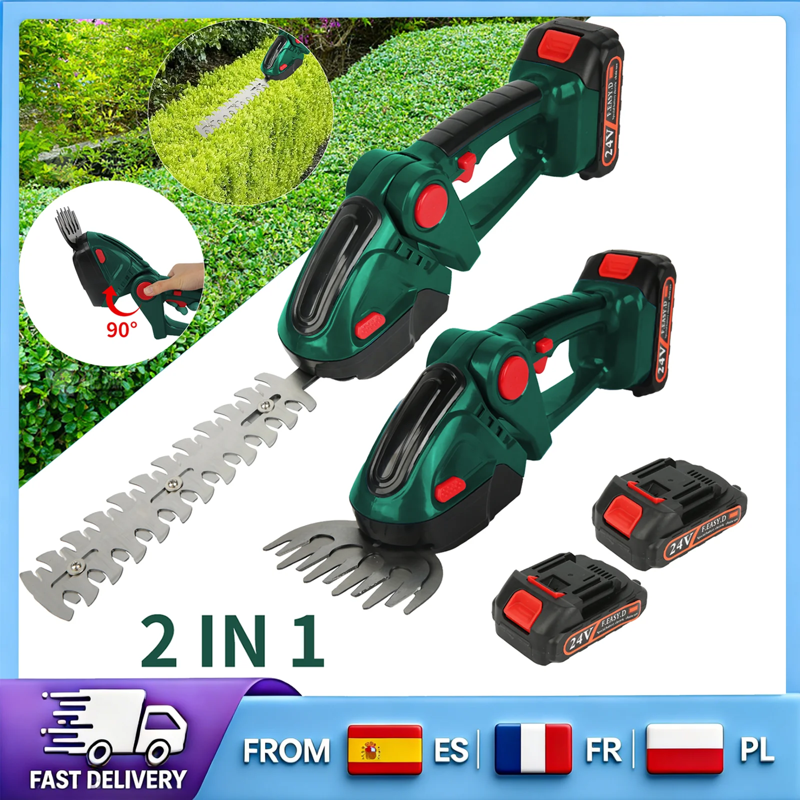 Tondeuse à gazon et taille-haie sans fil 2-en-1, coupe-arbustes électrique rechargeable, 90 °   Outil de jardinage léger à lame SK5 avec poignée réglable