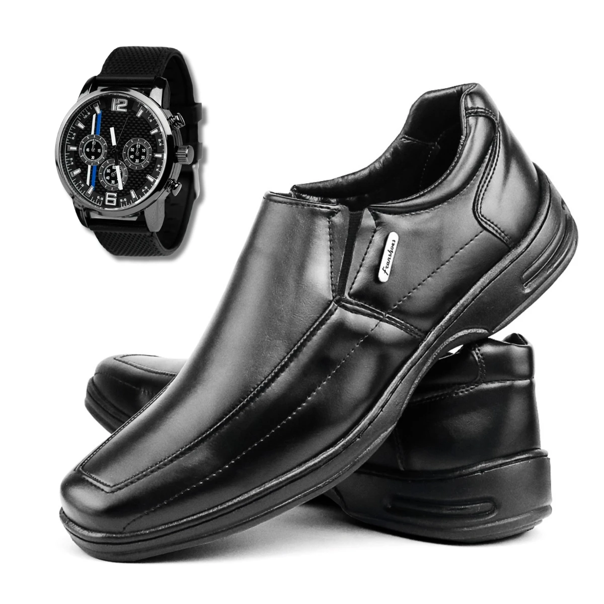 KIT Black Comfort SF Social Shoe With Foaming Insole + Sport Clock Fino