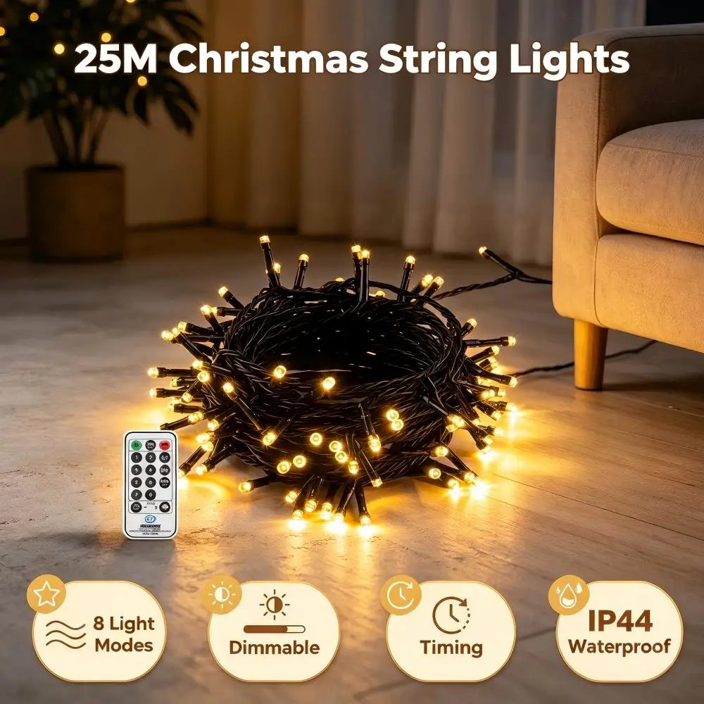 25 m lange Weihnachts-Lichterkette mit Fernbedienung, 8 Leuchtmodi, 4-stufig dimmbar, 3 Timer-Einstellungen, wasserdicht, für Weihnachtsbaum, Innen- und Außenbereich, Partydekoration.