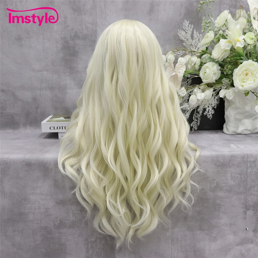 Imstyle-Peluca de encaje Rubio para mujer, pelo largo sintético con malla frontal, platino, ondulado, fibra resistente al calor, para Cosplay diario