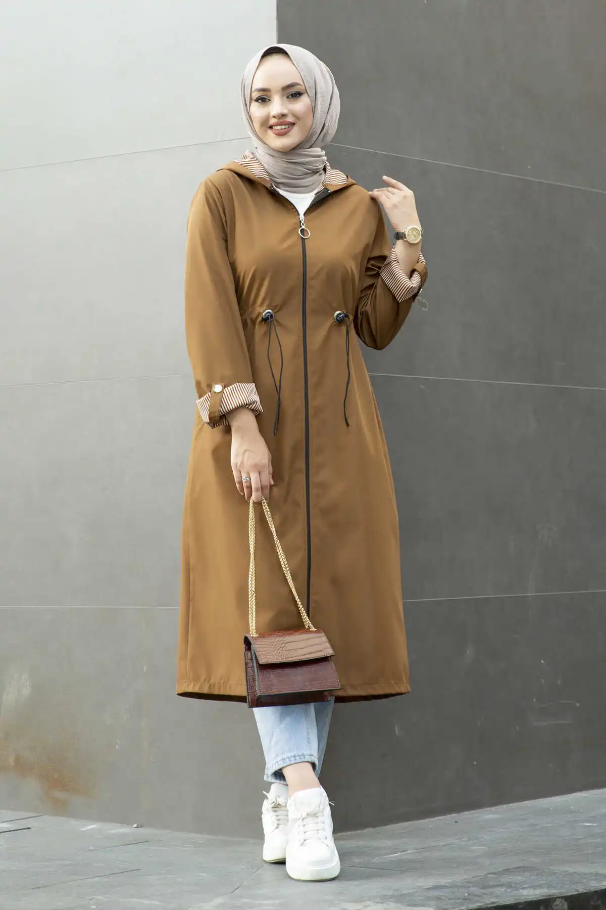 Women Clothing Line Detailed Hooded Hijab Trench Abaya Conjuntos Musulmanes New Overcoat Winter 2022 Fashion Collar Windbreaker