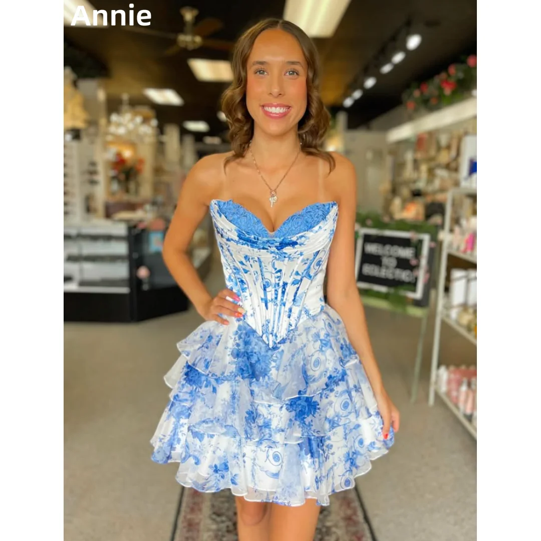 

Annie Sexy Off-shoulder Prom Dresses Floral Organza Layering Evening Dresses Mini Short Elegant Lady Party Dresses فساتين سهرة
