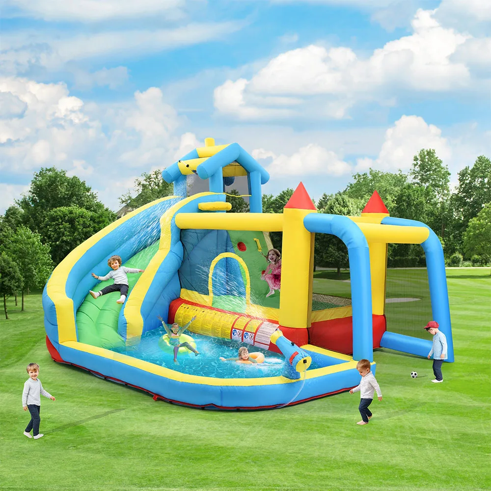 Trampoline gonflable 5-en-1 pour enfants de 3 à 10 ans, trampoline château gonflable d'extérieur avec toboggan, zone de saut, piscine à balles et filet à balles, dimensions gonflées : 364*315*239cm