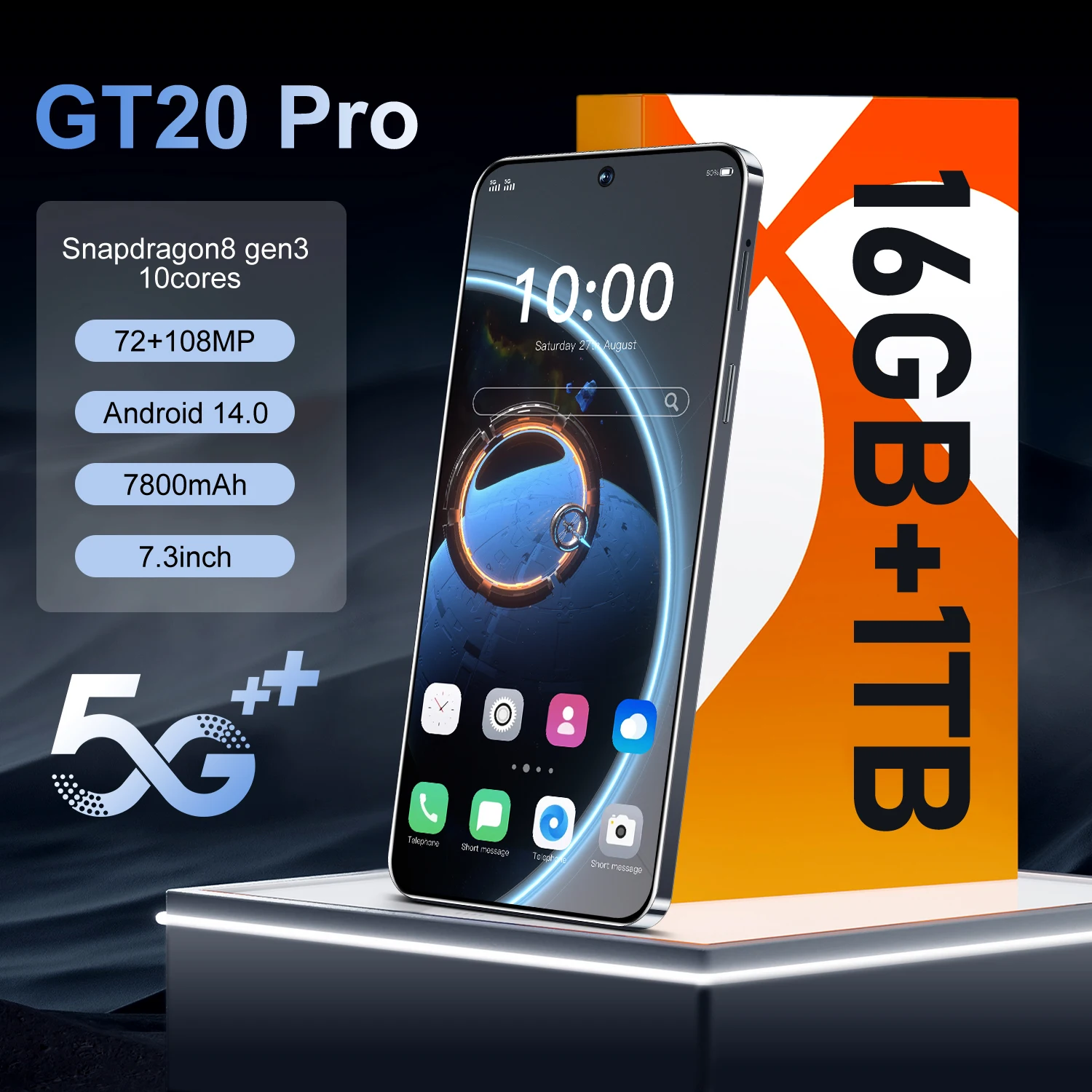 HOT GT20 Pro New high-end Cell phones 7.3 inch HD Snapdragon 8 gen3 Smartphone 5g Mobile Phones 16G+1TB 7800mAh Battery