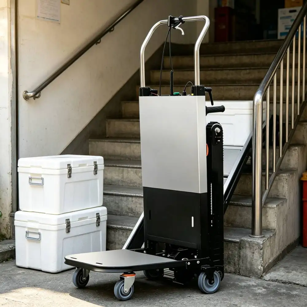 Chariot électrique industriel à chenilles pour la montée d'escaliers – Structure pliable qui franchit les escaliers avec souplesse, capacité de charge de 350-400 kg, idéal pour la livraison d'appareils électroménagers, le transport de matériaux de rénovation et les opérations en entrepôt