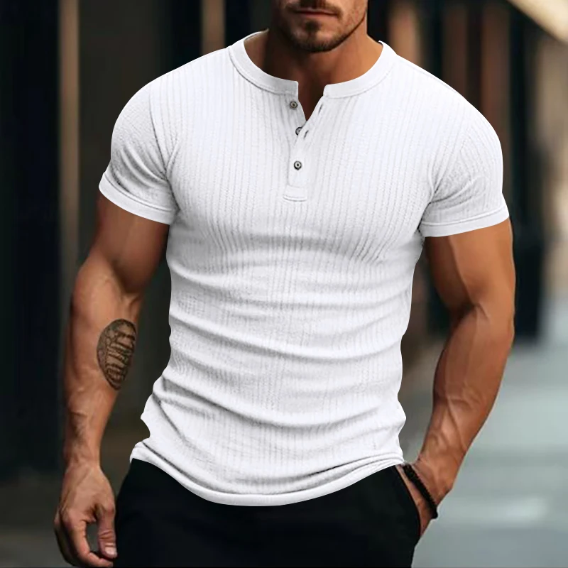 2024 Summer New Men V-neck Henley Shirts Soild Color Men\'s Fashion Vintage Button-Down Short Sleeve T Shirt Men Tees Tops