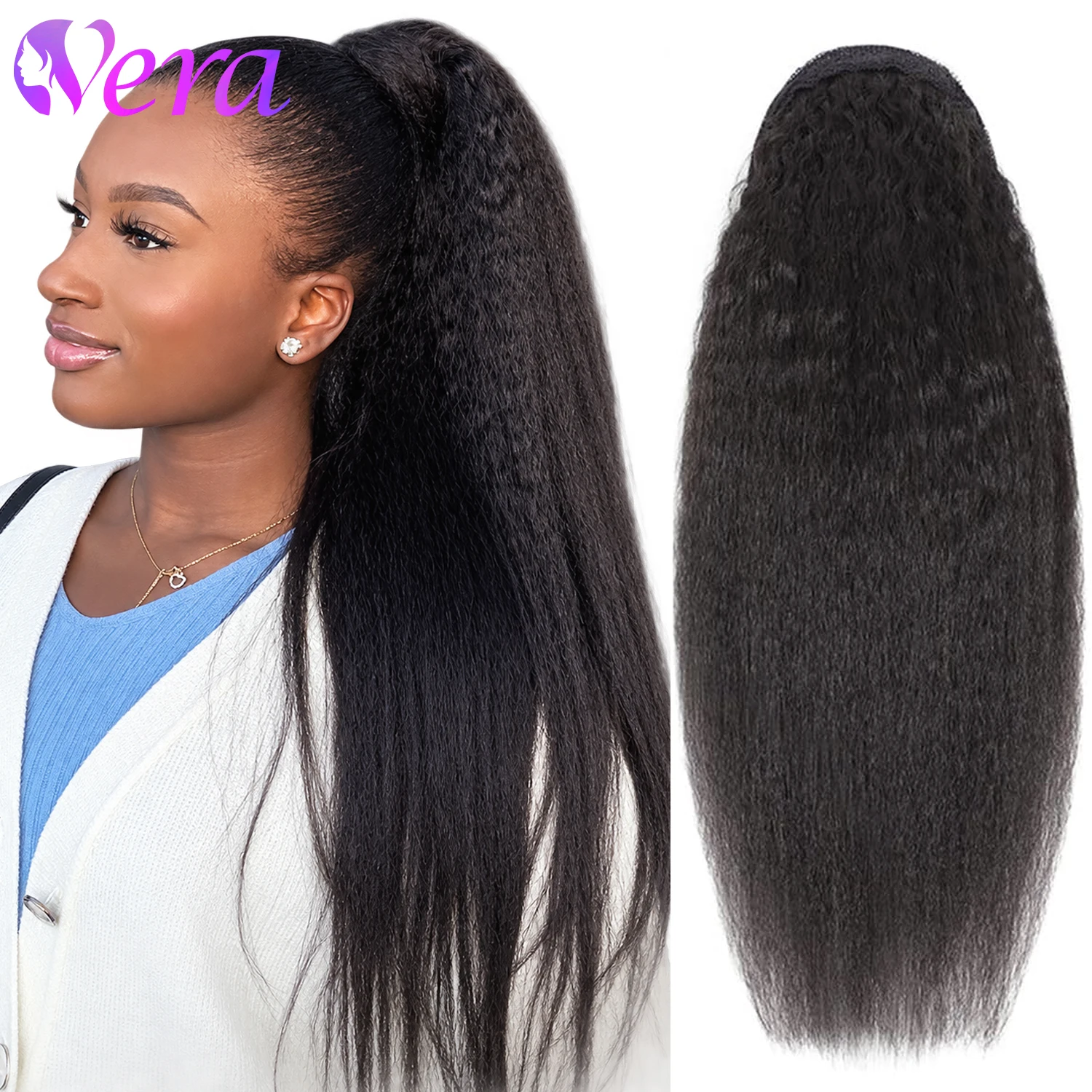 Kinky Straight Ponytail Human Hair Drawstring Hair Extensions 16-26 Inch 100% Human Hair Ponytail Kinky Straight Natural Black