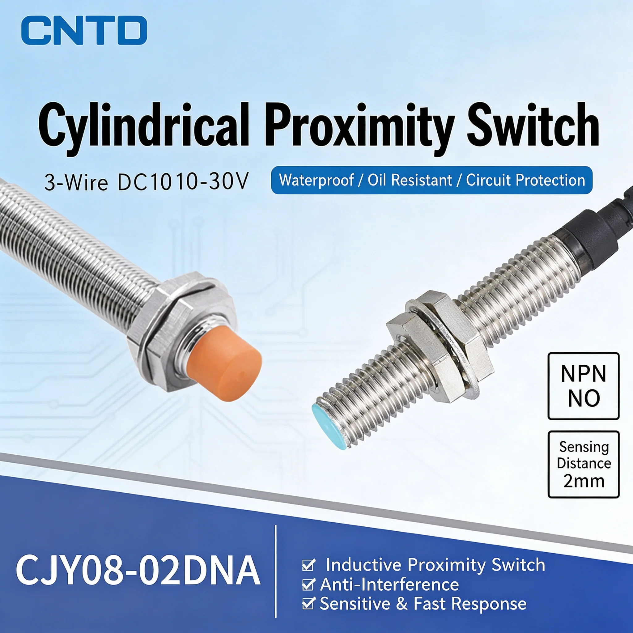 CNTD Inductive Proximity Switch CJY08E-02DNA Sensor, M8, DC 3-Wire NPN, Normally Open NO, 24V sense distance 1mm 2mm