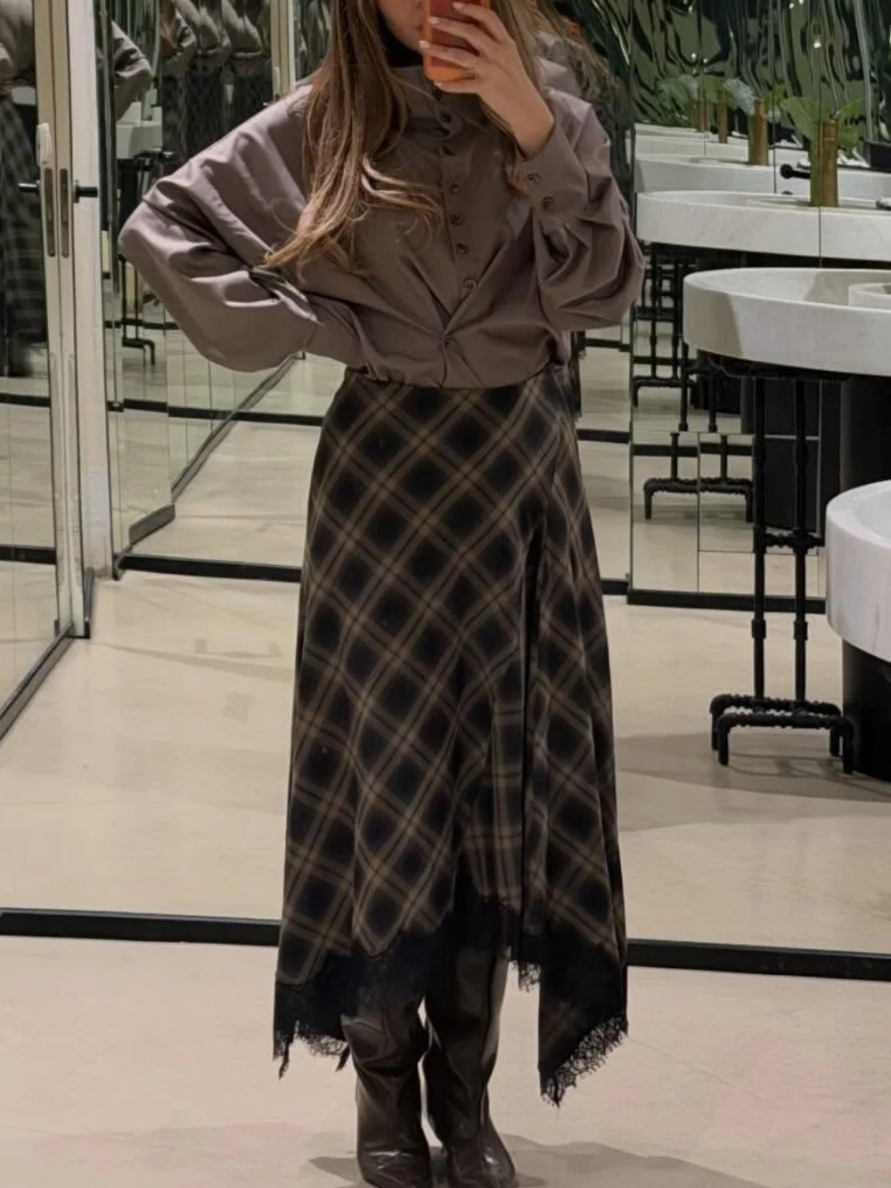 

Винтажная базовая женская юбка миди в клетку с кружевом, длинная юбка для женщин, новинка 2026 года, весна-лето, элегантная юбка для офиса и вечеринок