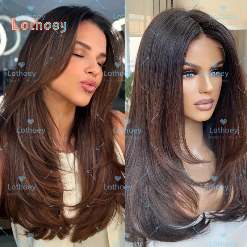 Прямой прозрачный парик спереди на шнуровке — мокко-коричневые многослойные волосы, бразильские человеческие волосы Remy с натуральной линией волос, предварительно отбеленные и
