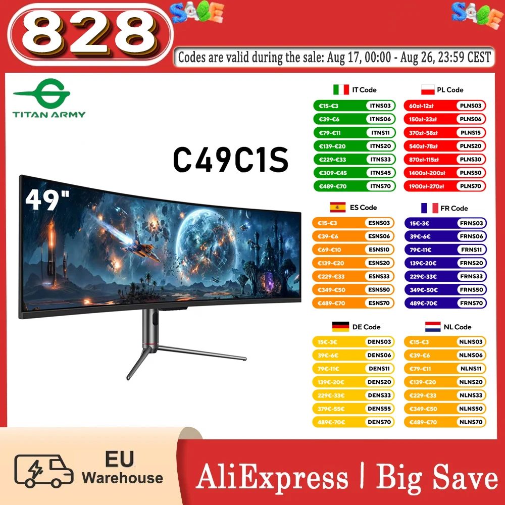 Titan Army C49C1S 49 Zoll Curved Gaming Monitor Dual QHD 5120x1440 Auflösung 240Hz Bildwiederholrate 1ms Mprt Hdr400 KVM Pip Pbp USB-C 65W 1800R Ultra-Breitbildschirm für professionelle Gamer und