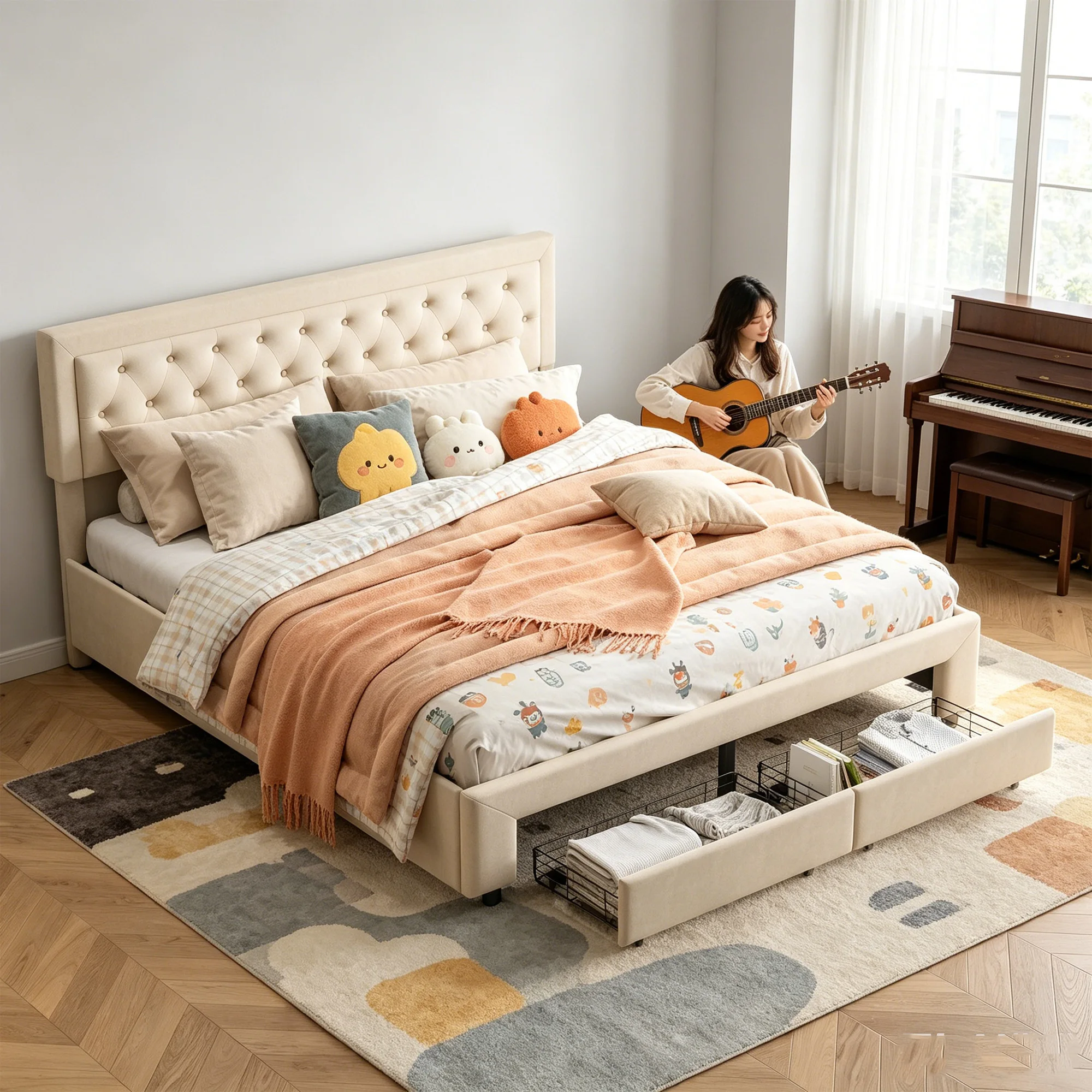 Superaly 160 x 200 cm großes Polsterbett mit 2 Schubladen und Nagelschnallen-Kopfteil, hydraulisches Bett, Doppelbett mit Lattenrost, Bettgestell für Schlafzimmer, Samt, Beige