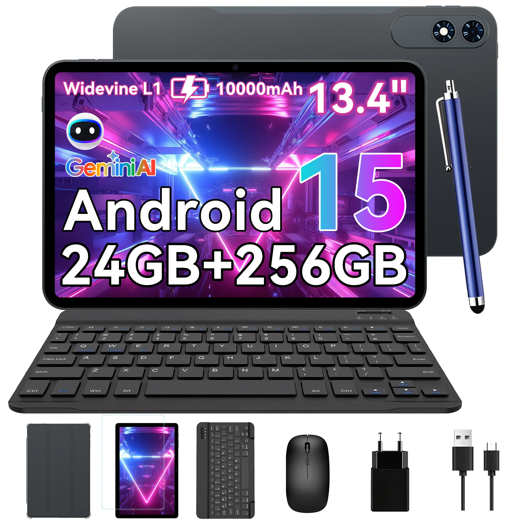 KINGRID T60 PRO Android 15 Tablet-PC mit Tastatur - 13,4' 24GB + 256GB (2TB TF), 10000mAh, 16MP+8MP, mit Bluetooth-Maus, Tastatur Tablet Android
