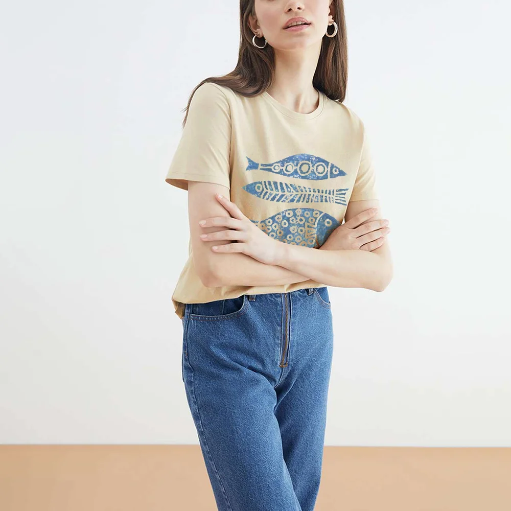 

Синяя рыба, полосатый, свежий, простой женский хлопковый уличный костюм, повседневная одежда с графическим рисунком, с короткими рукавами, летняя повседневная одежда с эффектом полурыбья