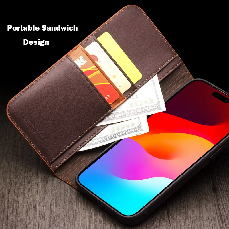 QIALINO Genuine Leather Flip Case for iPhone15 Plus Bracket Handmade Business Cover with Card Slots for iPhone15 Pro Max/15 Pro