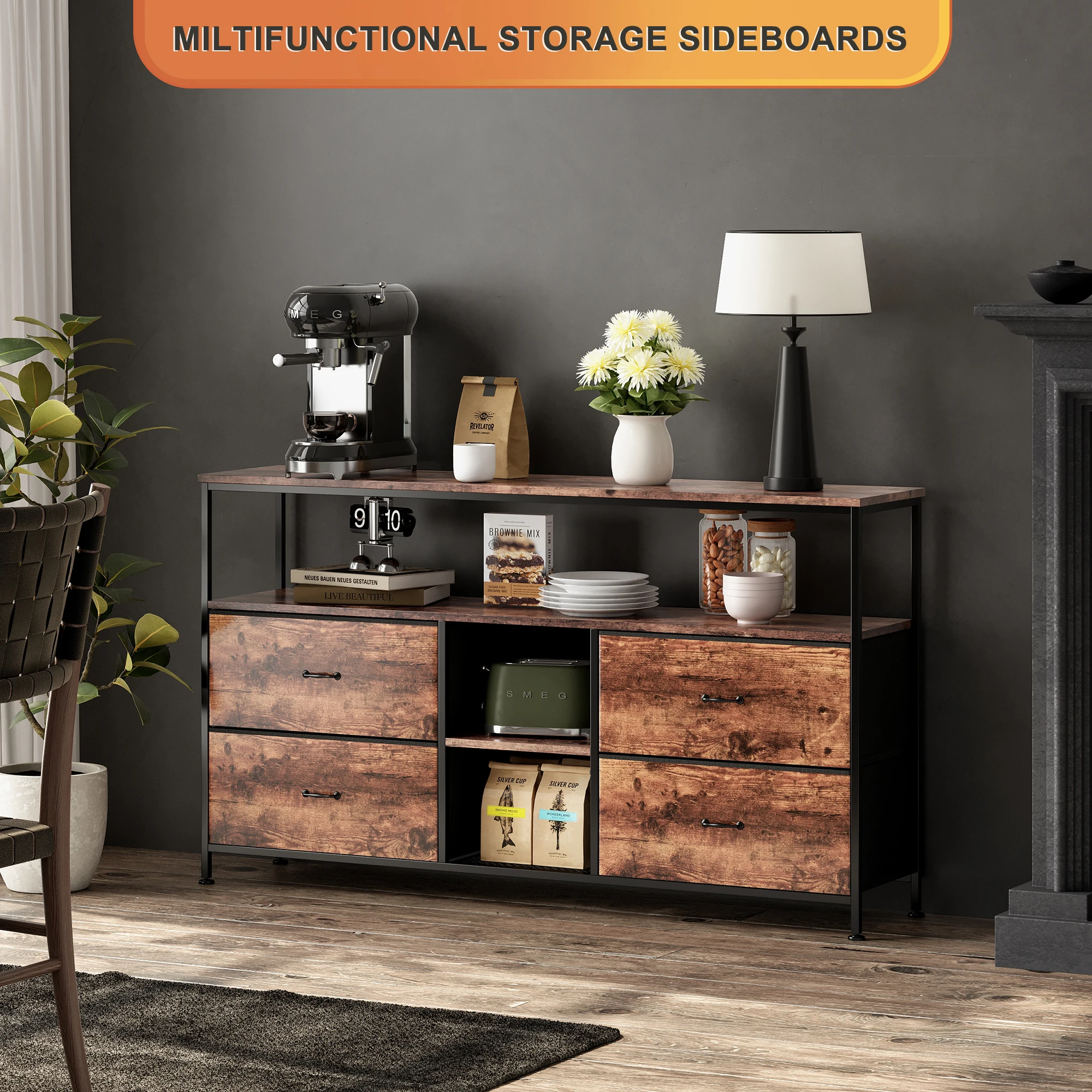 108cm TV-Schrank, Kommode mit 4 Stoffs chu bladen, Schubladen schrank für Küche, Büro, Flur, TV-Schrank mit Stoffs chu bladen