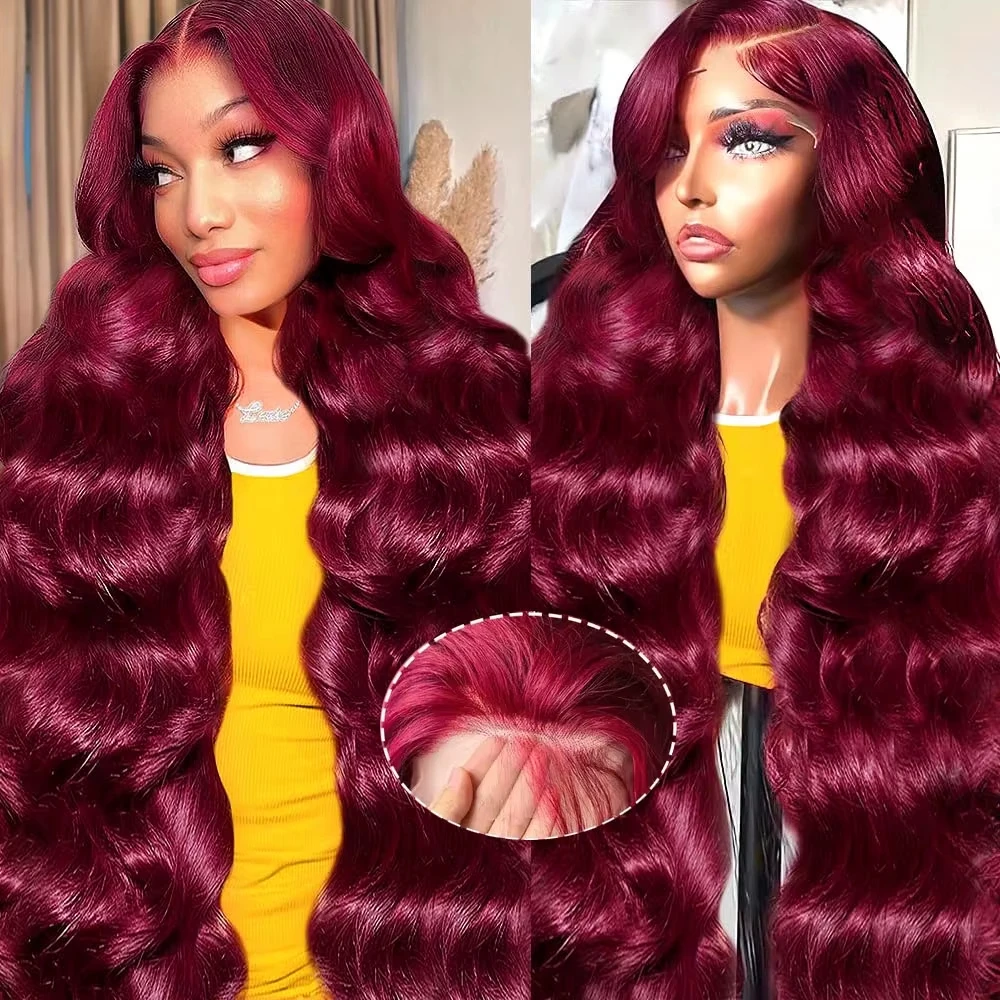 

250 Плотность 99j Бордовый 13x6 Парики Фронта Шнурка Бразильский Парик Объемной Волны Черный Hd Прозрачный Фронтальный Парик Человеческих Волос 40 Дюймов