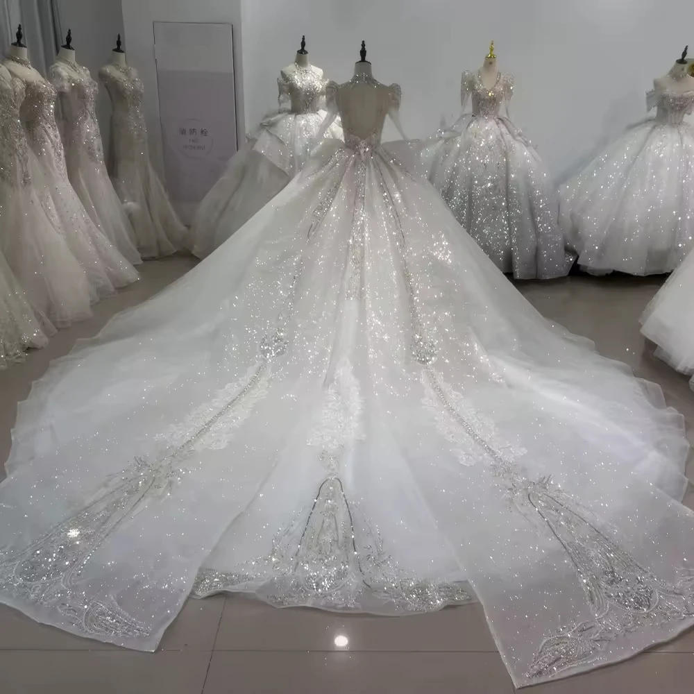 Vestido De novia Casamento Princesa Vestido De novia De manga larga con cuello en V con cordones en la espalda Vestido De baile bordado Vestido De novia con cuentas