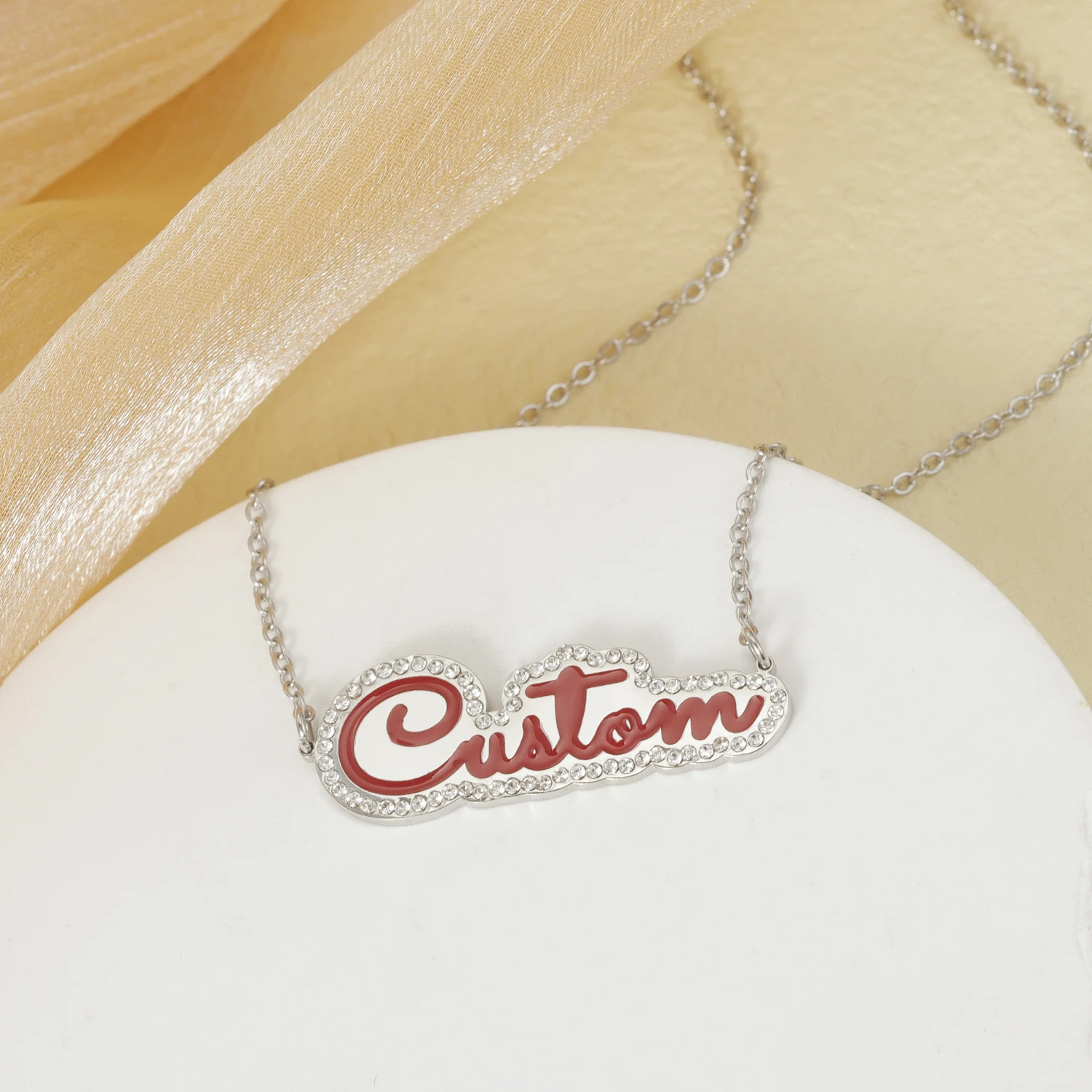 

Customized Name Enamel Necklace Stainless Steel Band Diamond Pendant Personalized Nameplate Unique Women Jewelry Christmas Gift