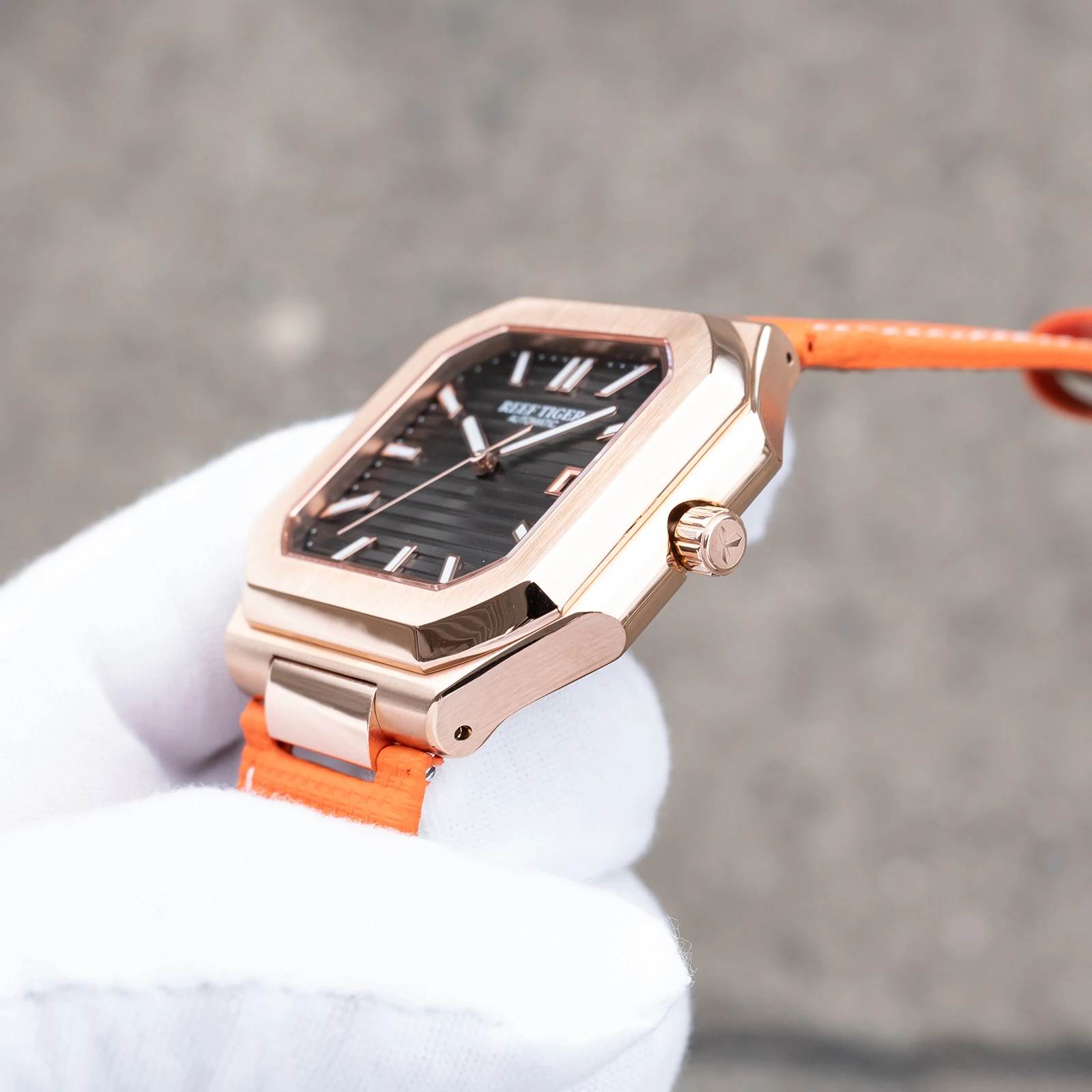 ريف النمر الفاخرة رجالي ارتفع الذهب ساعة مربعة مع تاريخ مضيئة البرتقال حزام من الجلد 50 متر مقاوم للماء الميكانيكية Relojes RGA 2015