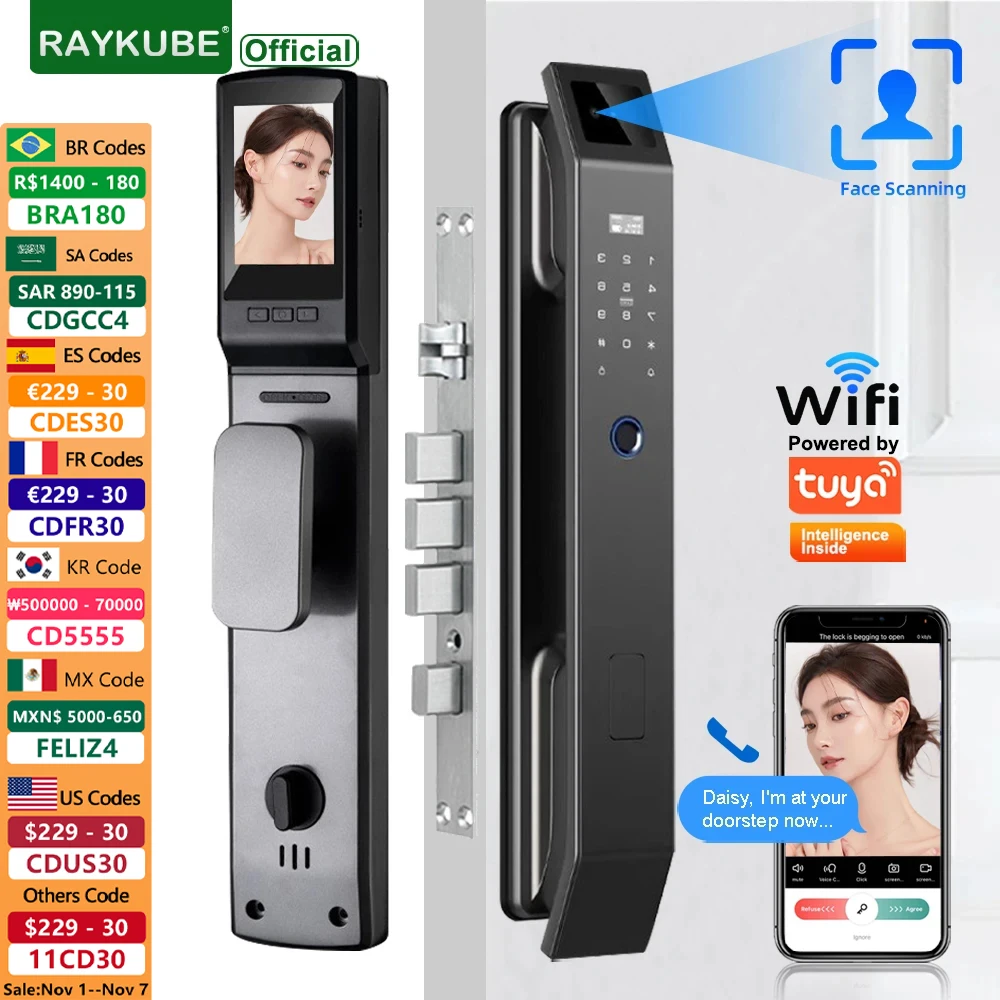 

RAYKUBE DF14 Tuya WiFi 3D Face Recognition Digital Door Lock With Two-way Audio WiFi Camera Video Call APP Remote Unlock