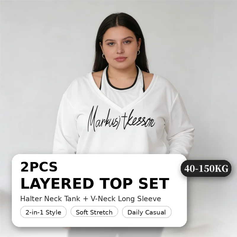 

Женский многослойный топ больших размеров из 2 предметов, комплект 40-150 кг, майка с v-образным вырезом и длинными рукавами, свободный крой, мягкий эластичный повседневный наряд