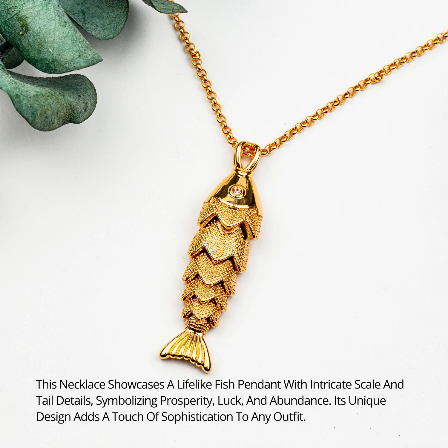 YAJUNIEL 24K Real Gold Plated Textured Lucky Fish Pendant Necklace for Women Hypoallergenic Brass Adjustable Chain Jewelry Gift