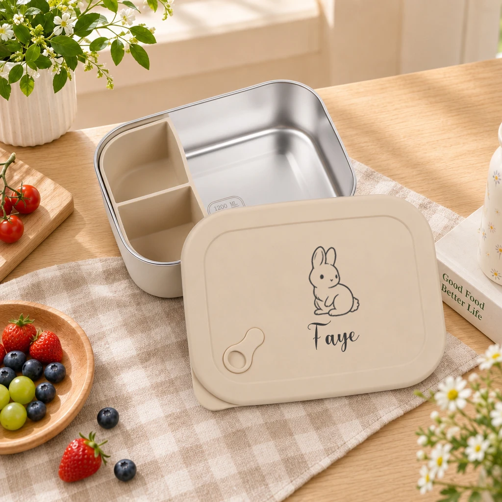 Custom Name Stainless Steel Lunch Box for Kids, Engraved Cartoon Divided Food Container, Leakproof Portable Bento Box, School Pi