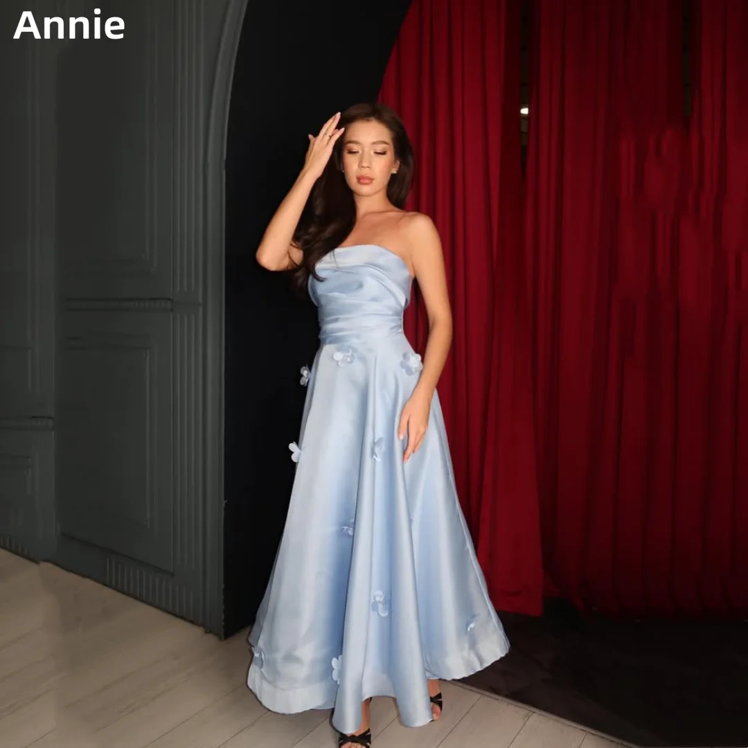 

Annie Sky Blue Prom Dresses Handmade 3D Decals Evening Dresses Off-the-shoulder Satin Ankle Elegant Lady Party Dresses